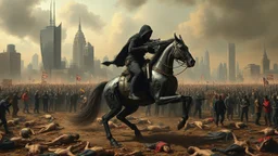 detalied cyberpunk interpretation of Bruegel's "The Triumph of Death", capturing the symbolic "harvest" of humanity with terror. dystopian metropolis under smog sky, cybernetic soliders reapers are executing physical harvest and army of cyberwarrior and robotic soliders many humans citizens killed, many panicking and run away people ,many human bodies lying on the ground. a cyber-death warrior in black hood with futuristic gun on an mechanical robotic horse, thriller, cinematic
