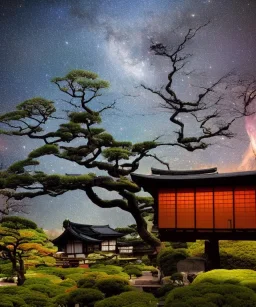 Japanese tea house in outer space with a nebula backdrop and a trex otherworldly trees