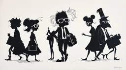 Eccentric Elegance with white glasses, Impressionist painting oIn an abstract and minimalist world, various characters go about their daily lives in unique and often dumb ways, unaware of the impending disaster that awaits them. Their silhouettes stand out against the monochromatic background, their movements creating dynamic shapes and textures. The artist employs an impasto technique, using thick layers of paint to emphasize the exaggerated forms and bold contours of the characters. As these d