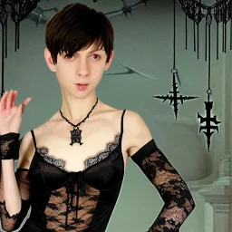 Realistic photo short hair boyish boylike (boyish face) beautiful cleavage lace neckline (short mens haircut) amulets of evil forces on neck (thin waist) (wide hips) lacy nightgown (girlish room of black magic) (symbols of black magic and evil force on the walls) (learns to be an evil sorceress)