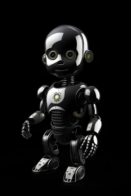a robot with baby face and money in the black background