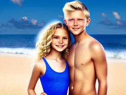 full body image of a beautiful 12 year old girl and a beautiful 12 year old boy with long, blonde curly hair and light blue eyes, smiling, shirtless, in front of an distant beach, 8k