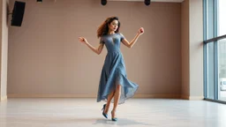 very beautiful lady with makeup curvy hair pretty jeweled lace gray blue dress high heels, full body dancing gracefully in modern open stage