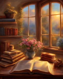 an open book sitting on top of a wooden table, thomas kinkade. cute cozy room, storybook illustation, storybook art, dream scenery art, by Pamela Ascherson, very beautiful fantasy art, vignette of windowsill, warm beautiful scene, cosy enchanted scene, cozy home background, style thomas kinkade, sunlit windows, scenery artwork