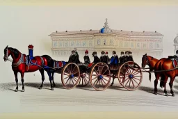 Fiacre, landauer carriage with two horses in Vienna. Pencil sketch. Old paper. Colours