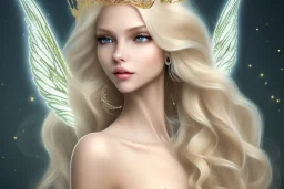 smiling, beautiful, soft,smiling, straight and long blonde hair, dewy and shiny atmosphere, diamond crown, long fairy wings in the back, full head, curly hair, golden veil clothes