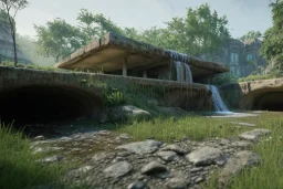 deep in a lush south asian cave bunker system, intact bunkers from war long gone, waterfalls around, realistic concept art, matte, hdr, volumetric clouds, shaded reflections, ripples, morning dew, torches, moss, roots, debris and rubble, spots of randomly placed dense ground fog and fires, unreal 5 engine, intricate, small minutiae, tiny features, particulars, 8k, uhd, concept art, one pixel brush, vitality colors, tomb raider style, enhanced quality anti-aliasing, eqaa