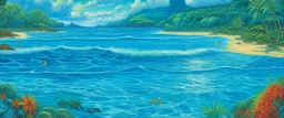 A blue watery beach designed in Hawaiian tikis painted by Georges Seurat