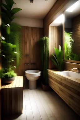 Generate a simple restroom only for visits. Made out of wood and light. With vegetation and plants.