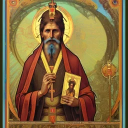 patron of photographers holding a camera in one hand and film roll in the other. orthodox icon with saint photographer. Cyrillic inscriptions. hyperdetailed, Alphonse Mucha, Zdzisław Beksiński, poster, illustration, ink, oil on canvas, 18th century atlas