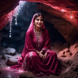 Hyper Realistic Photographic Outside View Of A Gorgeous Pashto Girl (Wearing Simple Burgundy Colored Dress With White Embroidery & Wearing Pink Dupatta On Her Neck) Happily Sitting & Smiling Boldy In A Cave With Glowing Big Crystals, With Heavy Rain Outside Cave At Dark Night Showing Dramatic & Cinematic Ambiance.