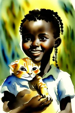 A cute smiling light brown skin african girl is holding a kitten. Watercolour