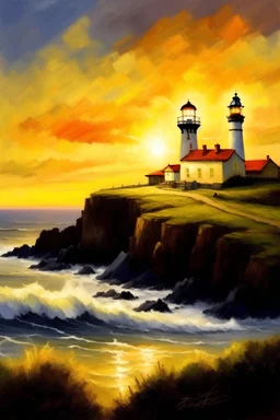 oil painting of lighthouse on cliffs at sunset with impasto texture