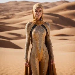 She stands amidst the arid desert, a young Bene Gesserit adorned in a remarkable Fremen stillsuit, a testament to her adaptability and survival instincts. The suit, intricately woven with a network of tubes, serves as her lifeline in this parched land. Every inch of her body is covered in the tubes, creating a complex web of interconnected pathways. These tubes collect and recirculate her own precious sweat and bodily fluids, providing her with a continuous source of water. Each drop is a lifeli