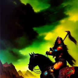 portrait oil on canvas, beautiful busty female Barbarian Warrior, riding a Black Horse,green eyes, ,minimal armor,comic book cover, mystical colors,insanely detailed,realistic,intrincate detail, 16k resolution, masterpiece,Frank Frazetta,Alex Horley, Simon Bisley