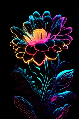 Stunning illustration of a flowers, glowing in the dark with sweetcolor neon light, centered on a black background, in the style of pop surrealist artist, fine art, illustration