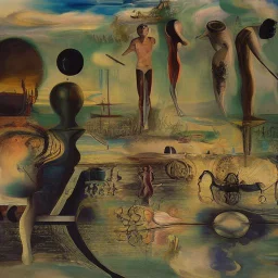 dusk landscape with lake,boat and human body, universe-like Soap Bubble,complex surgical instruments mixed with human body-like musical instruments,Painting By Adrian Ghenie, Rene Magritte, Basquiat ,Salvador Dali, Lucian Freud, Jan Van Eyck