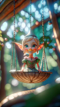 close up face portrait of happy elf princess on a swing inside a boat crystal ball hanging from a tree in the mountain , shot on Hasselblad h6d-400c, zeiss prime lens, bokeh like f/0.8, tilt-shift lens 8k, high detail, smooth render, down-light, unreal engine, prize winning