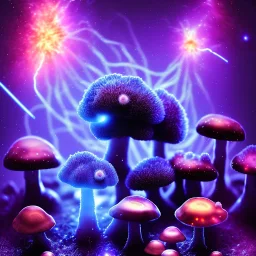 Spherical Frost metal magic armoured lightning glowing Mycelium MUSHROOM stars galaxy SPACE lANDSCAPE BURNING IN BLUE FLAMES hellfire abyss math chaos vivid cell