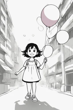 A round-faced little girl happily holding a bunch of colorful balloons. Circles can be used to depict the balloons, her eyes, and the sun in the background. very happy , Colloring page for todlliers ; basic hawali style cartoon , black and white , ink outlines , , smooth , anime style , minimalist , cute eyes , full body , white shose , sketchbook , realistic sketch , free lines , on paper , character sheet , clean line art high detailed