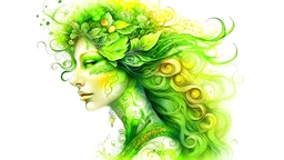 Isolated on white background, all elements must fit within the image without exceeding the image borders, Detailed, whimsical beautiful St Patrick's Day lady in green, flowing hair, assorted, bottom, serene, vibrant, sunlight, detailed, soft, ethereal, picturesque,detailed, full body shot, show top of head, eyes opened and looking out in the distance, Josephine Wall style, High Definition, do not cut off top of head, show clouds behind head, wet watercolor