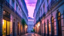 street with buildings of the same design on its sides and in the background with many windows, some open and others closed in some, the interior lighting allows you to guess the interior life