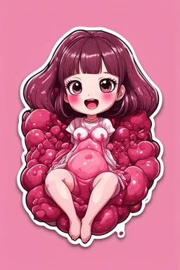 Sticker Kawaii Anime girl crushed inside really darkred fleshy stomach filled with digestive juices, sit pose, fullbody, smiling, Junji Ito style, pink tones, pastel tetradic colors, 3D vector art, isometric style, retro aesthetic,high detailed, 4k resolution, digital paiting, cute, art, no background,