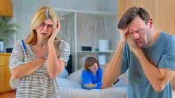 wife stands behind upset husband who is on the phone