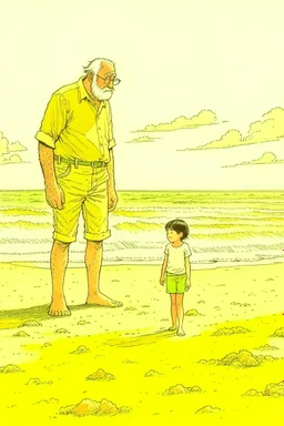 old man walking on beach with little child telling him about the wonders of life style of hiroku ogai