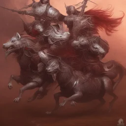 Nomad cavalry inline attacking. Horses. Damascus steel. Red. Sharp details. Roar.