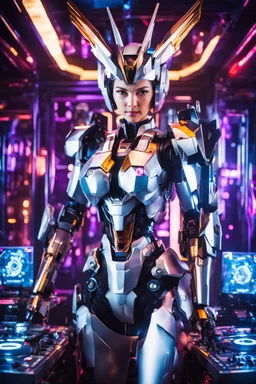 Excellence pose Realistic Photography beautiful woman as DJ player cyborg with body full gundam robotic,in disco club interior