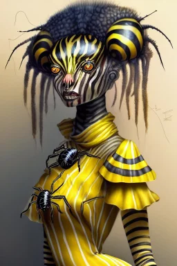 Artist Jean-Baptiste Monge style. A humanoid biomorph Zebra-Spider faced woman. Yellow eyes. A yellow striped ress, covered with spider legs.