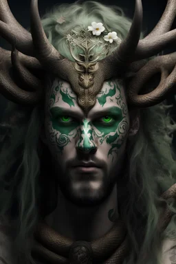 demon with deer antlers, flowers on the horns, angel wings, four green eyes on a beautiful male face, snake skin, green hair, ethnic symbols and Scandinavian signs on the body, high definition image, realistic image