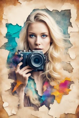 portrait of a blonde woman with a camera, background old torn paper, bright colors, ART drawing, double exposure