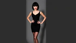 Louise Brooks, dressed in stockings and stilettos, with a black bob hairstyle with bangs and dark sultry eyes and red lips, standing with hands on hips, smiling.