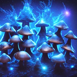 Frost metal magic armoured Mycelium MUSHROOMS stars galaxy SPACE lANDSCAPE BURNING IN BLUE FLAMES hellfire abyss math chaos