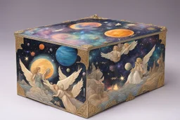 a box for storing things with beautiful drawings a lot of colours, detailed, angels, minerals, planets space, galaxies, pyramids