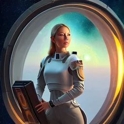 centered portrait of female soldier sitting on throne, wearing no helmet, by a starship window with a view to the milky way, hi detail, book cover illustration