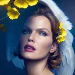 Eva Herzigova has angel wings. She has beautiful eyes, Her hair flies in the air. with yellow flowers for hair, closed eyes, rtx, reflection, 8k, glow, winning photography, caustics