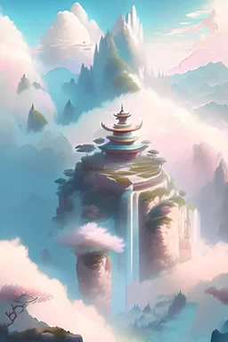 A serene mountaintop temple hidden amidst the clouds, overlooking a vast landscape with floating islands and waterfalls, evoking a sense of spiritual tranquility, Illustration, digital art with soft pastel colors