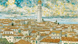 A white town with cloudy tower designed in ancient Greek mosaics painted by Vincent van Gogh