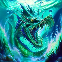 90's TCG retro fantasy art of a sea monster under the water