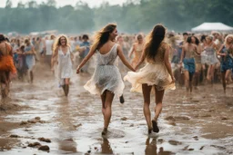 this is woodstock in the mud, people are dancing in light dress, especially women