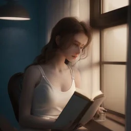 Study girl, curl hair read a book in by the window, ultra detail, real photo realistic, unreal engine, cinematic lighting --ar 1:1 creative