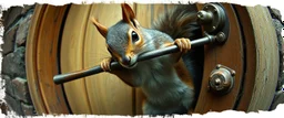 weird ass squirrel burglar breaking open a door with a crowbar , pinhole cam, airbrush 3d rendering, in the style of John Atkinson Grimshaw , torn edges on border