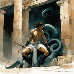 Alex Maleev, unused cover illustration, 2005: [greek goddess model in flesh]Trapped in a forgotten temple, a man and his son fight against two immense serpents. Their faces contort in pain, muscles straining against the relentless grip. Their struggle embodies resilience and the pursuit of freedom. In the decaying ruins, their defiance resonates deeply. With unwavering determination, they refuse to yield. Bound by an unbreakable bond, they draw strength from each other. Their battle echoes throu