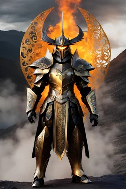 Full body photography,front_view,Dark Lord Sauron looking at viewer,traditional dress ornaments mechanical_armor,intricate armor, delicate golden filigree, intricate filigree, black metalic parts, detailed part,fire eruption mountain background, dynamic lighting