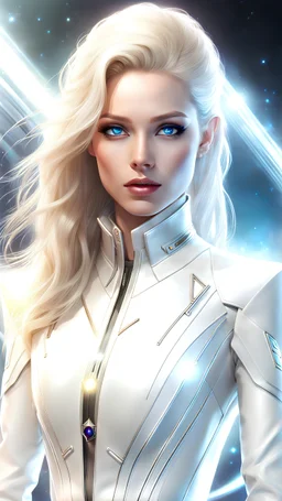femme magnifique galactique, long cheveux blond, combinaison uniforme blanche et argent très structuré ,gemstone necklace, background star sky