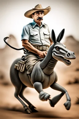 Mexican farmer Hitler on fast donkey snake, airbrush and pen outline, motion blurred background