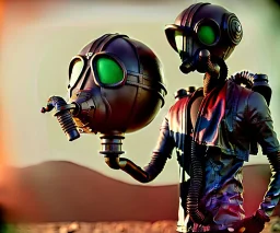 Alien, gas mask, holding, atmospheric pressure, hands, metal, desert, vest, scales, tentacles